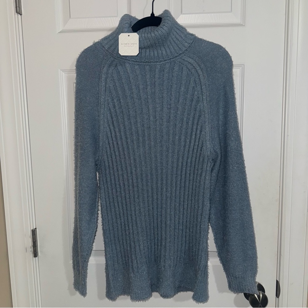 Altar'd State Womens Dusty Blue Fuzzy Ribbed XS Turtleneck Sweater NWT